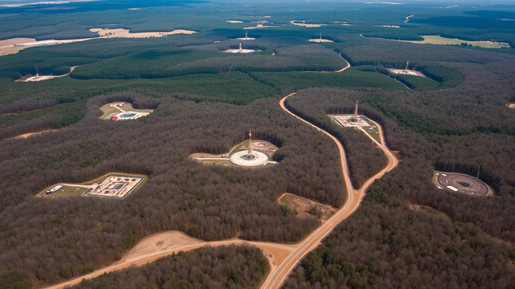 Aerial view of shale gas drilling pads scattered across forested Ozark landscape with access roads cutting through vegetation, showing industrial footprint on natural terrain