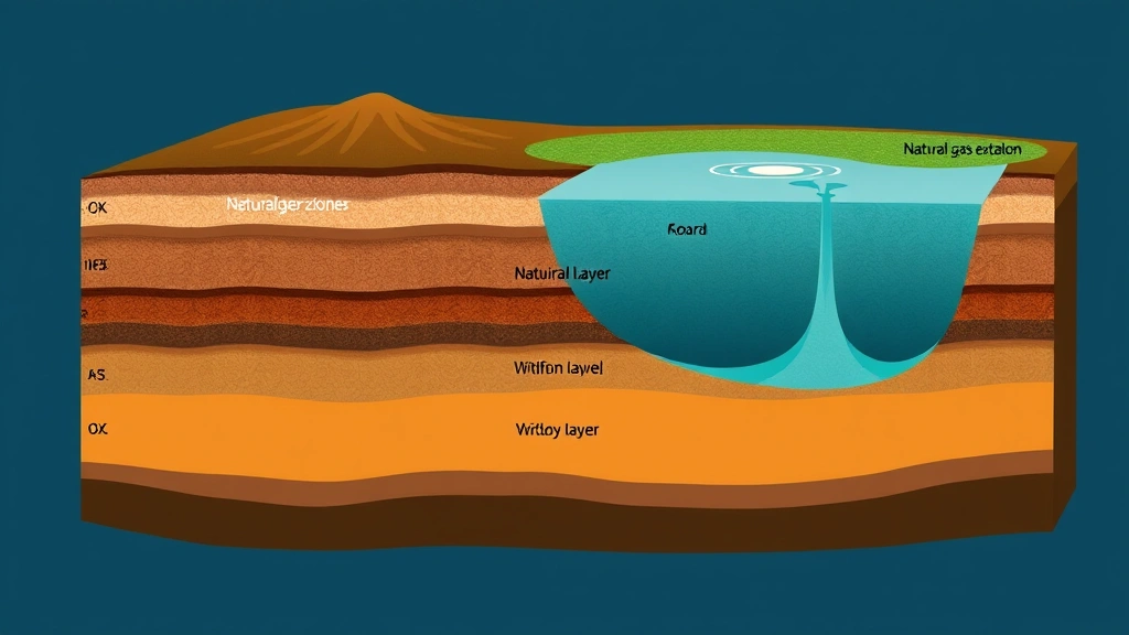 Underground cross-section diagram showing natural gas extraction layers, aquifer zones, and geological formations in earthy tones without text labels