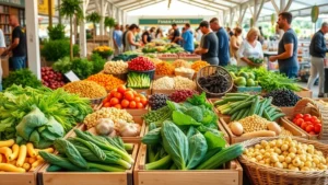 A vibrant farmers market with fresh vegetables and legumes displayed in wooden crates and baskets, natural sunlight illuminating colorful produce including beans, leafy greens, and root vegetables, people shopping mindfully