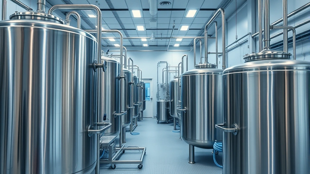 A modern pharmaceutical manufacturing facility with stainless steel fermentation tanks and bioreactor systems, clean room environment with soft blue lighting, tubes and monitoring equipment visible, sustainable industrial setting