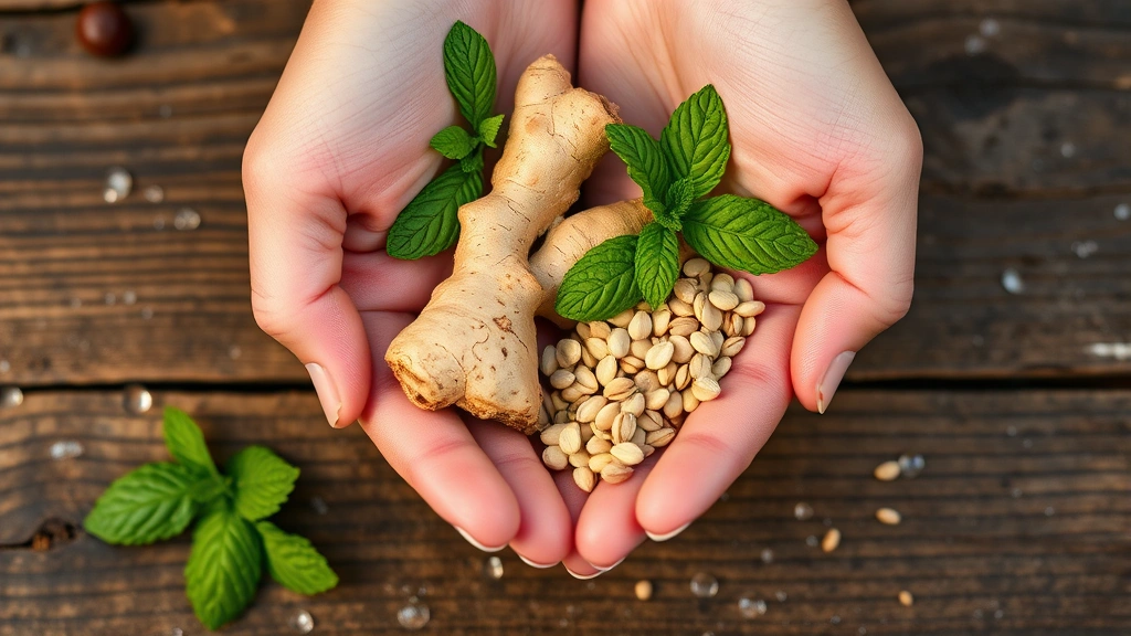 Close-up of hands holding a handful of fresh herbs including ginger root, peppermint leaves, and fennel seeds on a natural wooden surface with morning dew, earthy tones and natural lighting