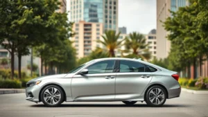 Wide-angle photograph of sleek silver Honda Accord sedan parked in modern sustainable urban setting with green trees and contemporary architecture in background, natural daylight, photorealistic, emphasizing clean design and efficiency