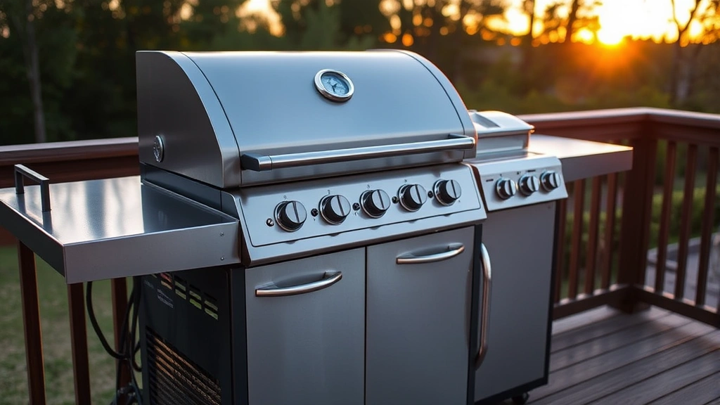 Modern stainless steel gas grill smoker on wooden deck with thermometer visible, warm sunset lighting, no text or labels visible, professional outdoor cooking setup