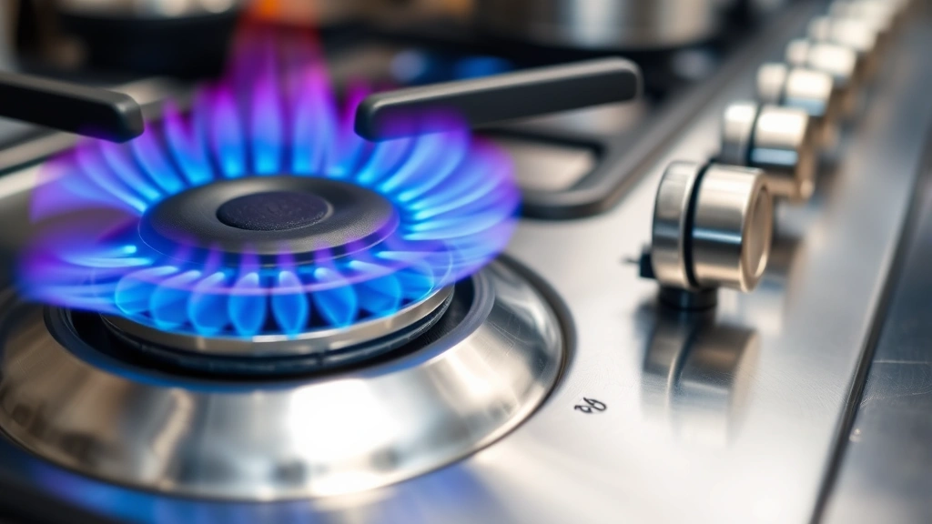 Close-up of propane burner igniting with blue flames, precision temperature control knobs, metallic cooking surface, professional kitchen equipment detail shot