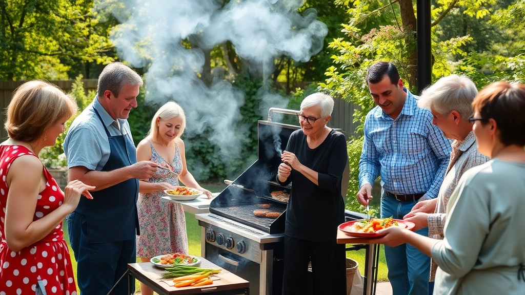 Family gathering around operating gas grill smoker with smoke wisping upward, lush green backyard, natural daylight, people enjoying outdoor meal preparation