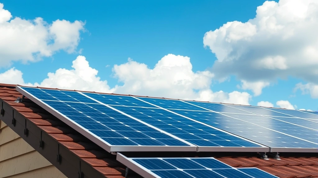 Close-up of solar panels on a residential roof with blue sky and white clouds, photorealistic detail showing panel texture and mounting hardware