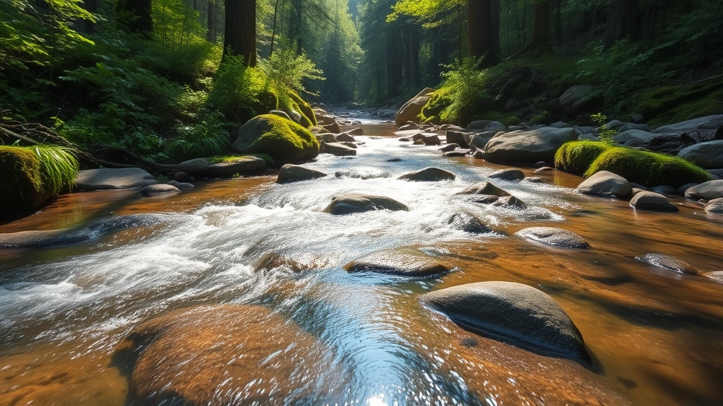Pristine forest stream with clear water flowing over smooth rocks surrounded by green vegetation and sunlight filtering through trees, untouched natural beauty