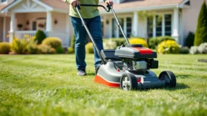 A person operating a modern gas push mower across a well-maintained residential lawn on a sunny morning, showing proper technique and equipment care