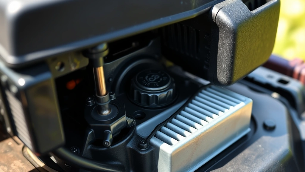 Close-up detail of a four-stroke engine compartment with clean oil dipstick and air filter visible, demonstrating proper mower maintenance in natural light