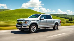 Modern silver Ford F-150 PowerBoost hybrid truck driving on a sunny highway with green rolling hills and clear blue sky in background, showcasing aerodynamic design