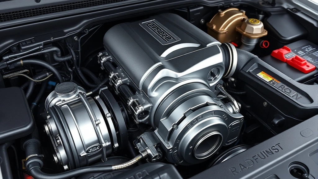 Close-up of truck engine bay showing advanced turbocharged EcoBoost engine components and direct fuel injection system with metallic finishes