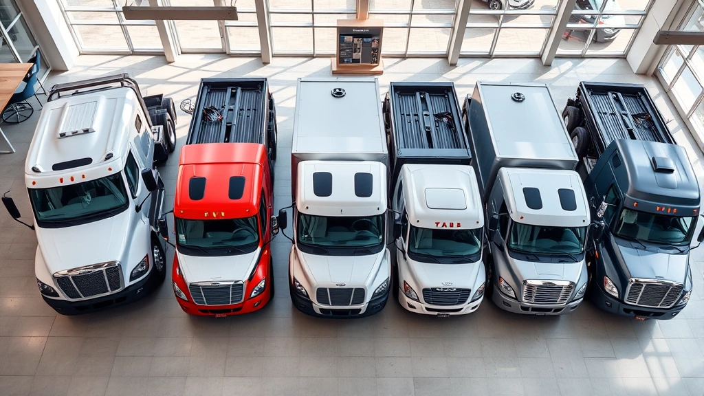 Overhead view of different 2023 truck models lined up in a showroom with natural daylight, displaying various fuel-efficient truck options side by side