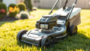 Professional self-propelled gas lawn mower in action on a manicured residential lawn with thick green grass, morning sunlight, close-up of mower deck showing blade motion blur, suburban backyard setting