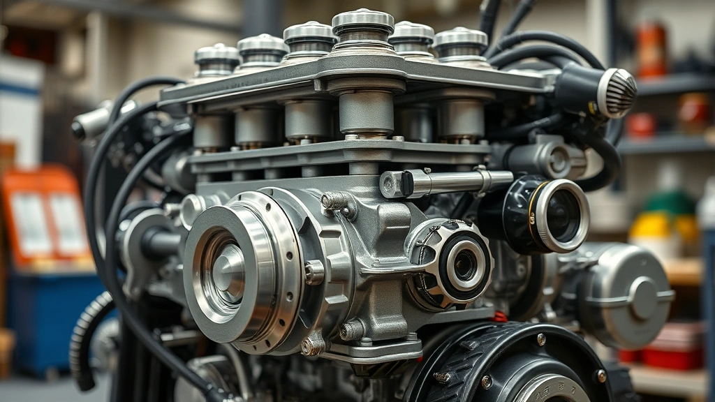 Detailed view of modern four-stroke engine with overhead valve design, clean metal components, fuel tank visible, technical precision engineering, workshop lighting, no logos or text visible