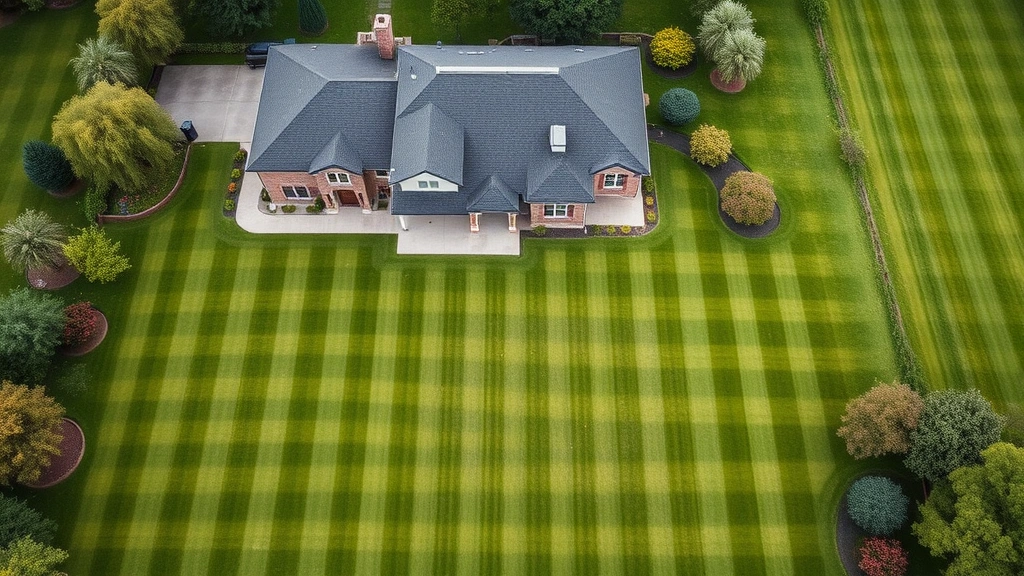 Wide aerial view of large residential property with mowed lawn patterns, mixed grass types, natural landscape with trees and garden beds, demonstrating efficient mowing coverage on spacious grounds