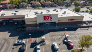 Aerial view of bustling BJ's Wholesale Club parking lot with fuel pumps in foreground, multiple vehicles refueling, bright daylight, realistic photography, suburban setting