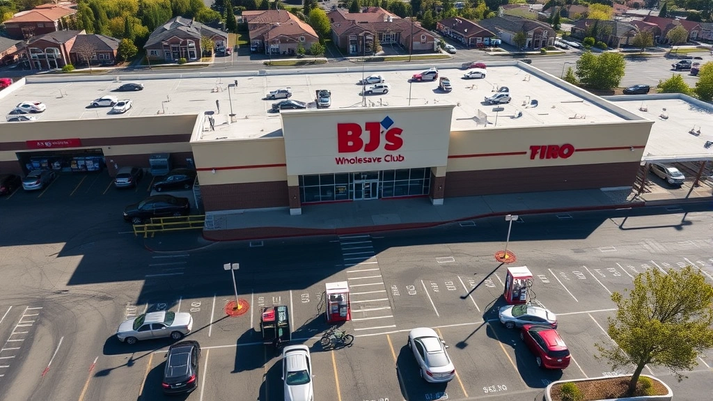 Aerial view of bustling BJ's Wholesale Club parking lot with fuel pumps in foreground, multiple vehicles refueling, bright daylight, realistic photography, suburban setting