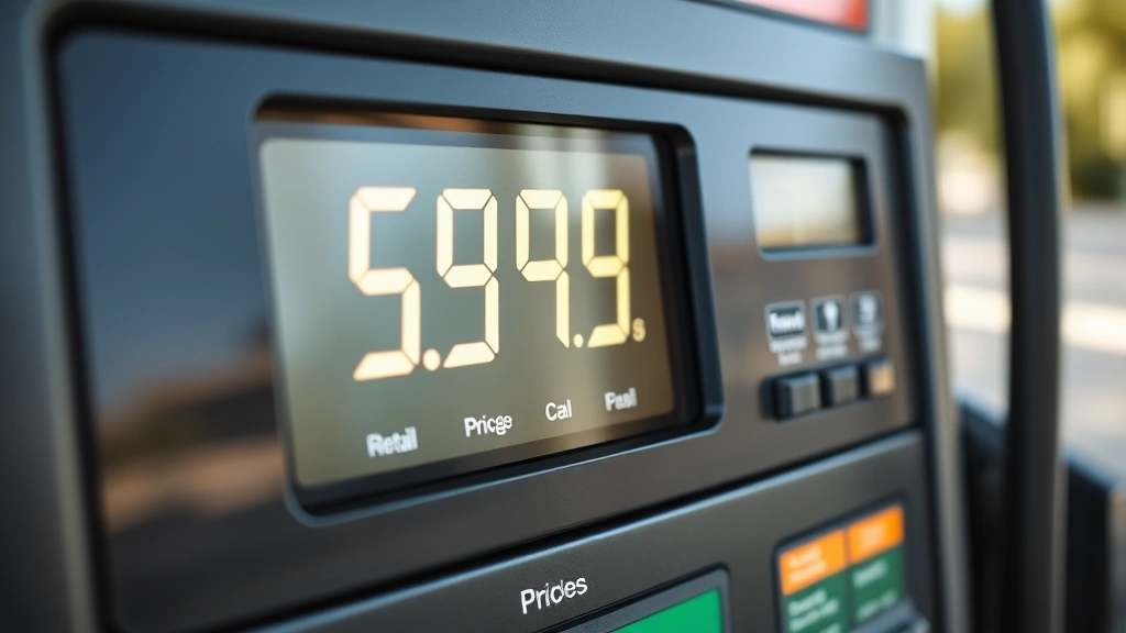 Close-up of modern digital gas pump display showing price per gallon, illuminated numbers, clean pump interface, realistic detail, natural outdoor lighting