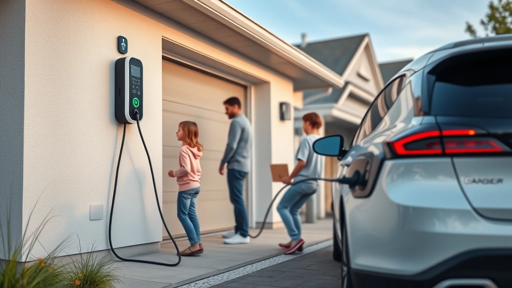 Family charging electric vehicle at home charging station installed on residential garage wall, modern EV plugged in, suburban driveway setting, daytime, realistic contemporary scene