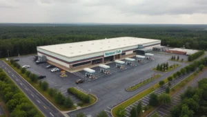 Aerial view of large warehouse club fuel station with multiple pump islands, parking lot, and surrounding forest, green landscaping visible, overcast sky, photorealistic, no signage or text visible