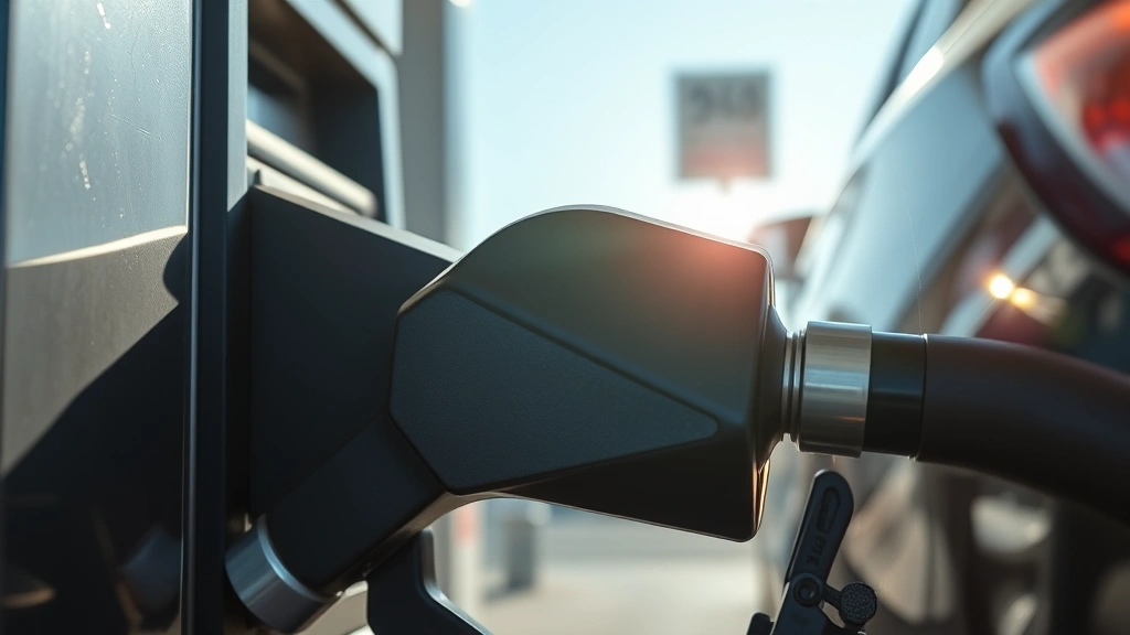 Close-up of fuel pump nozzle dispensing gasoline into vehicle tank, sunlight reflecting off pump surface, blurred gas station background, photorealistic, no brand logos or text