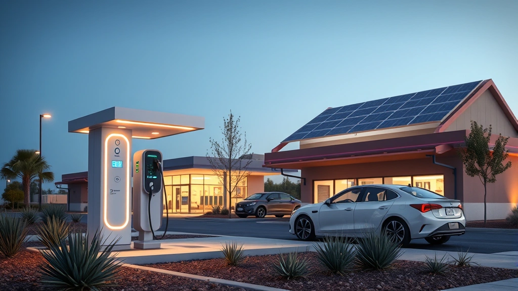 Electric vehicle charging station at modern retail location with solar panels on nearby structure, landscaping with native plants, evening lighting, photorealistic, no visible text or labels