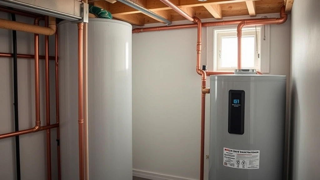 Modern residential water heater installation in basement with copper piping and insulation visible, natural lighting from window, clean organized space