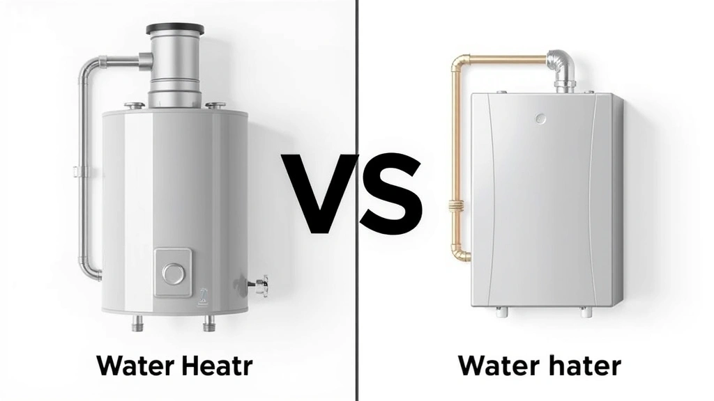 Split-screen comparison showing traditional gas water heater tank on left and sleek heat pump water heater unit on right, neutral background, professional product photography style