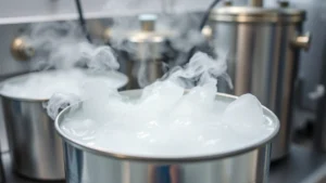 Close-up of liquid nitrogen in a metal container with visible vapor clouds rising, steam wisping around the edges, laboratory setting with stainless steel equipment in soft focus background