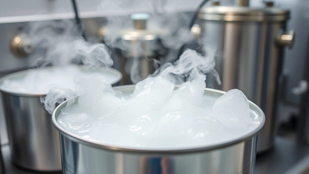 Close-up of liquid nitrogen in a metal container with visible vapor clouds rising, steam wisping around the edges, laboratory setting with stainless steel equipment in soft focus background