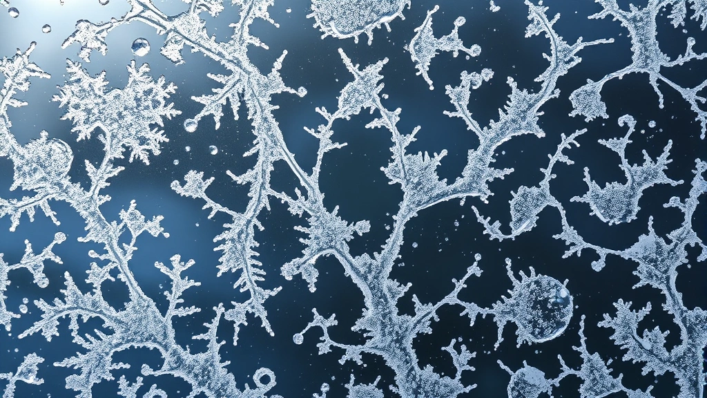 Frost crystals forming on a window pane in detailed macro photography, intricate ice patterns glistening under natural light, winter morning condensation frozen solid