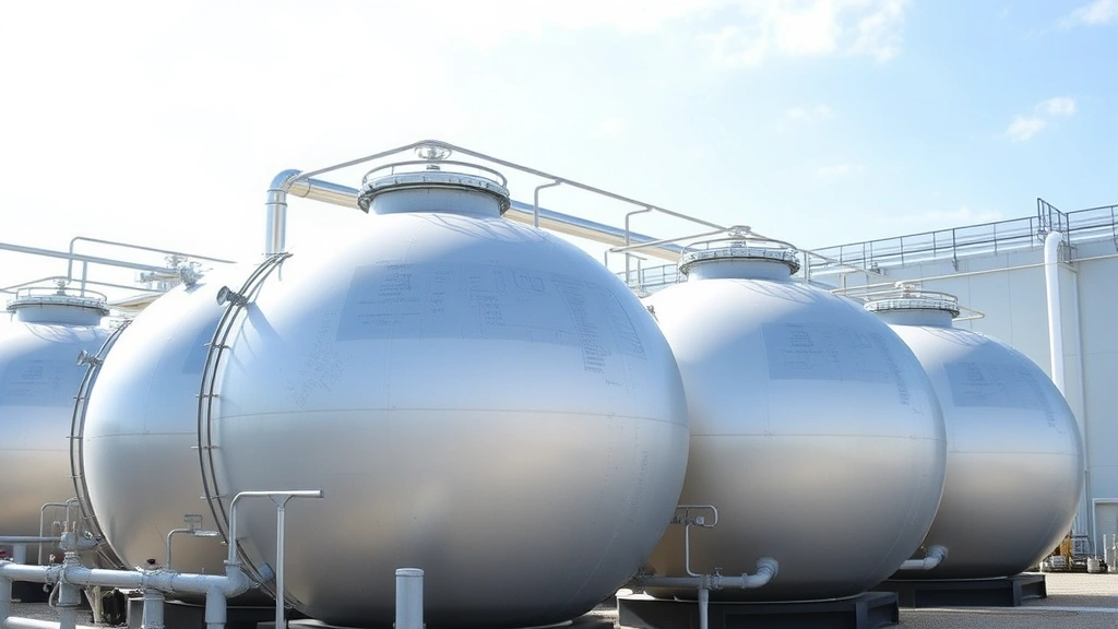 Industrial cryogenic storage tanks in an outdoor facility, large metallic spheres with insulation, pipes and valves visible, renewable energy research center setting with clear sky background