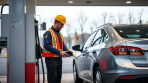 Professional gas station attendant in uniform carefully pumping fuel into a silver sedan at a modern New Jersey gas station during daytime, attendant wearing safety gear, clean pump surroundings, realistic lighting