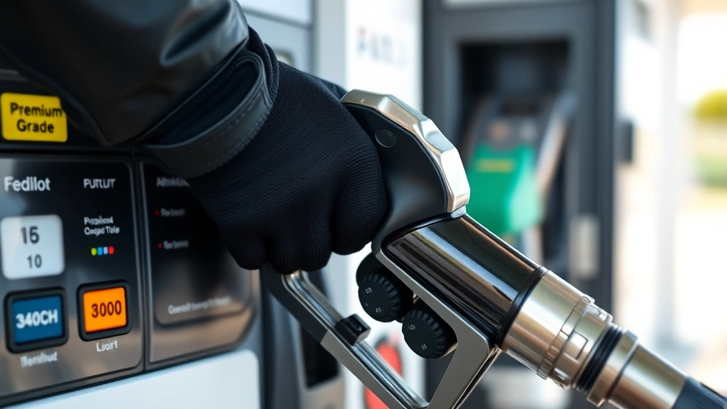Close-up of fuel pump nozzle being handled by gloved attendant hand, premium grade display visible, clean station environment, natural daylight, focus on proper fuel handling technique