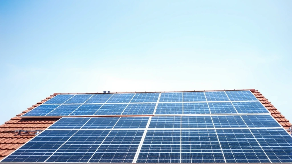 Solar panels installed on residential rooftop in bright sunlight with blue sky, showing multiple panels generating clean electricity without emissions or pollution visible