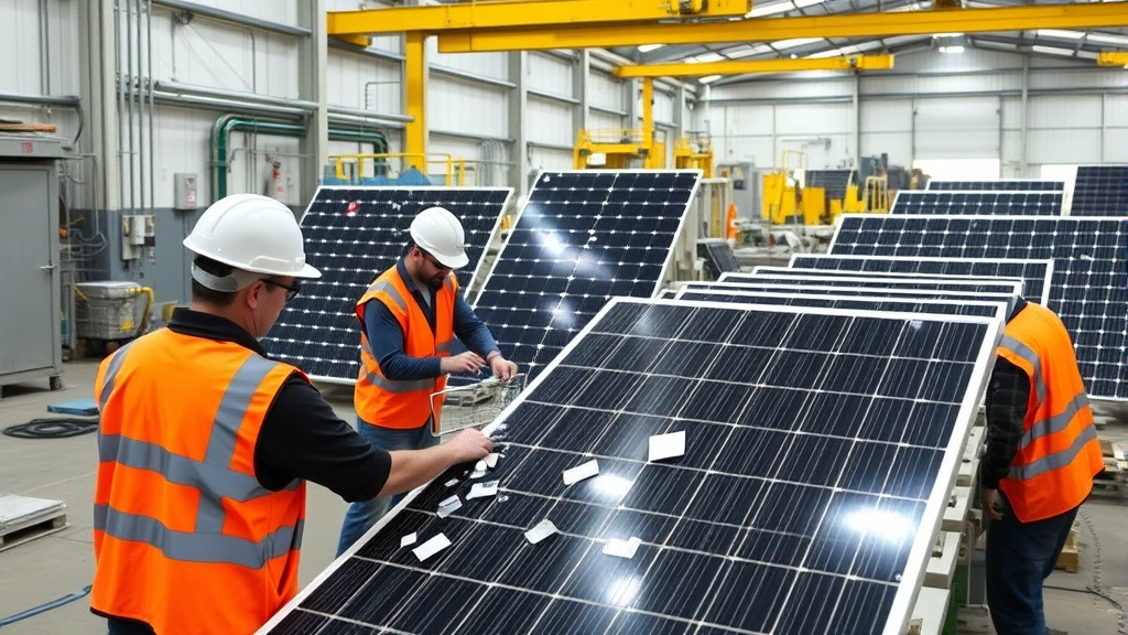 Modern recycling facility processing end-of-life solar panels, workers separating glass silicon and metals, demonstrating circular economy and material recovery operations