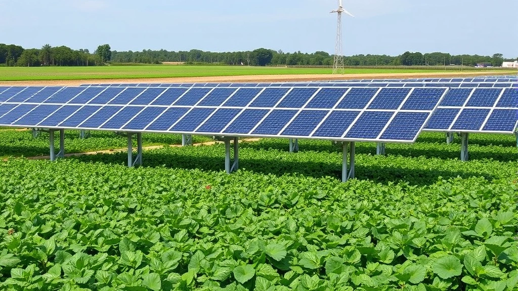 Agrivoltaic field with elevated solar arrays above green crops growing underneath, showing dual-use sustainable agriculture and renewable energy production on same land