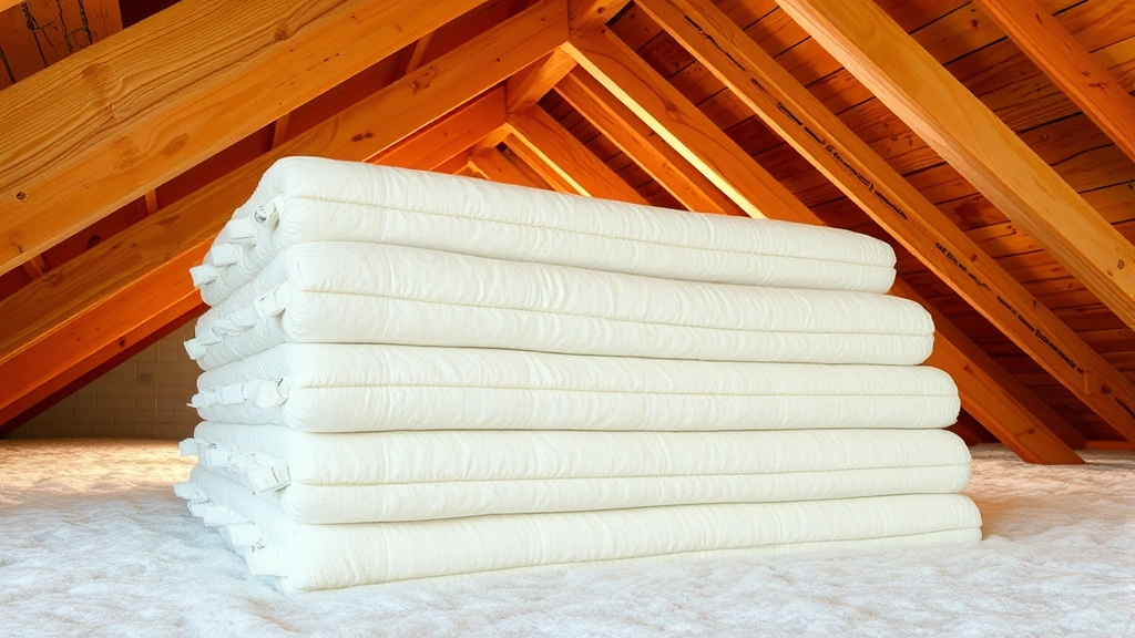 Photorealistic image of rolled fiberglass insulation batts stacked in an attic space with wooden joists visible, warm natural lighting showing proper insulation installation, no packaging labels or identifying text visible