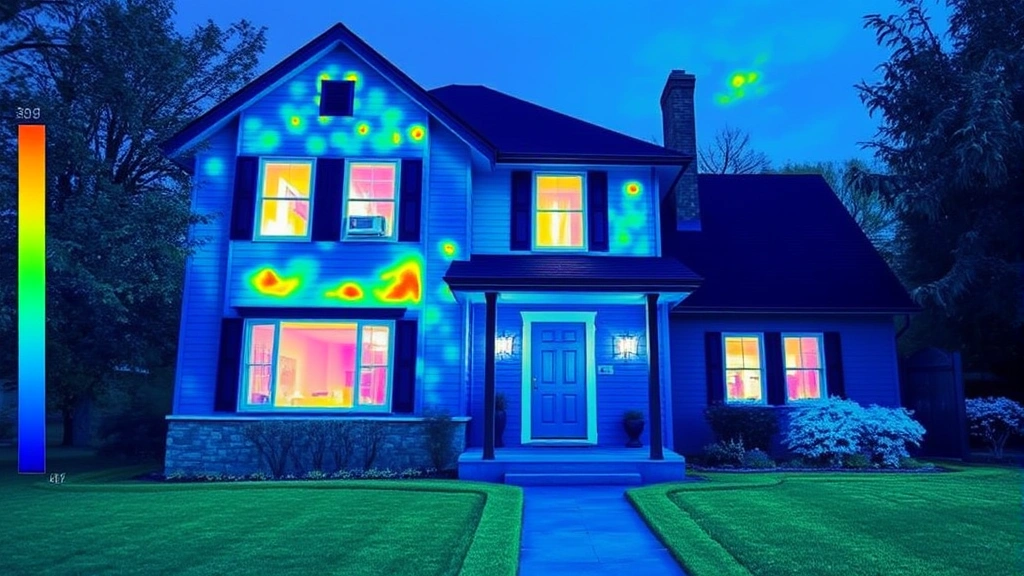 Professional energy audit thermal imaging visualization of home exterior showing heat loss patterns, cool blue tones indicating escaped heat