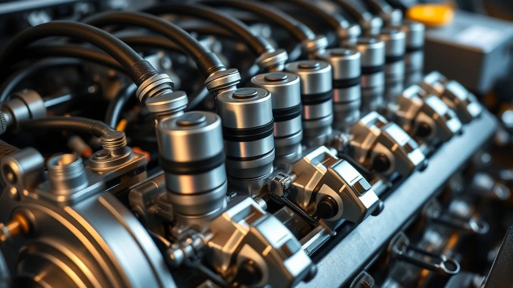 Detailed close-up of modern fuel injection system and engine management components showing sequential multi-point fuel injectors and advanced ignition coils on a V8 engine, photographed with professional lighting highlighting technological sophistication