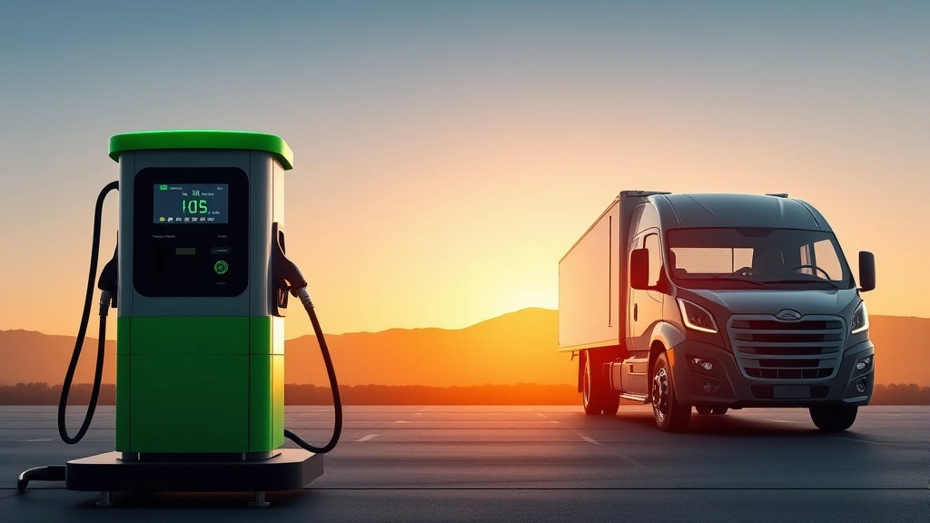 Comparison scene showing electric charging station alongside traditional gas pump with modern eco-friendly truck silhouette in background, representing sustainable transportation transition and environmental responsibility in automotive industry