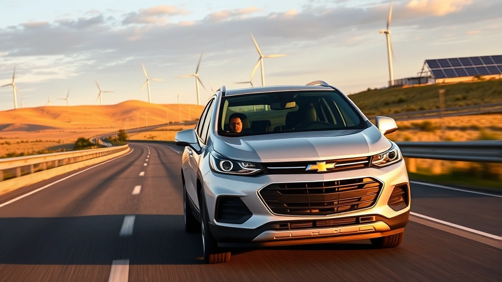 Front three-quarter view of silver Chevrolet Trax compact SUV driving on modern highway with wind turbines and solar panels visible in distant landscape, golden hour lighting, photorealistic, no text or signage
