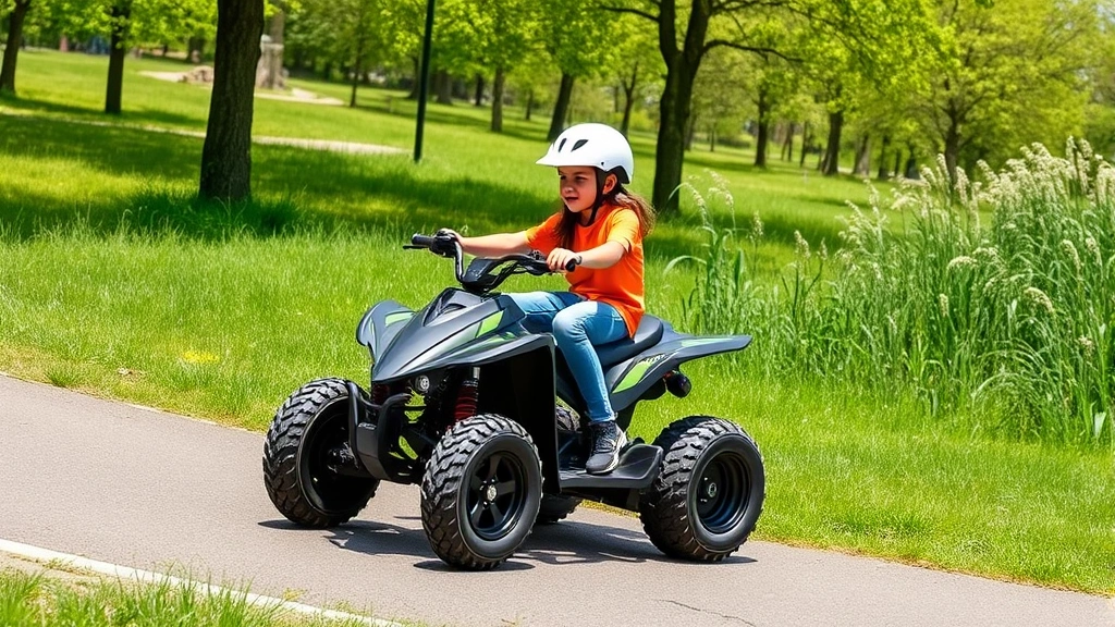 Child wearing safety helmet riding a sleek electric quad bike on a paved recreational path surrounded by green grass and trees, bright daylight, modern sustainable recreation equipment, photorealistic