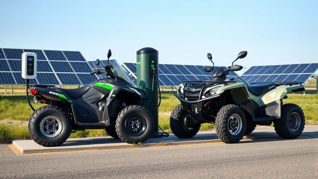 Comparison scene showing electric quad charging station next to traditional gas quad, clean energy versus fossil fuels concept, outdoor setting with solar panels visible in background, photorealistic environmental contrast