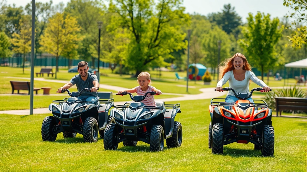 Family enjoying outdoor recreation on electric quad bikes in a designated park area, happy children and parents, lush green environment, sustainable recreation facilities, bright natural lighting, photorealistic community scene