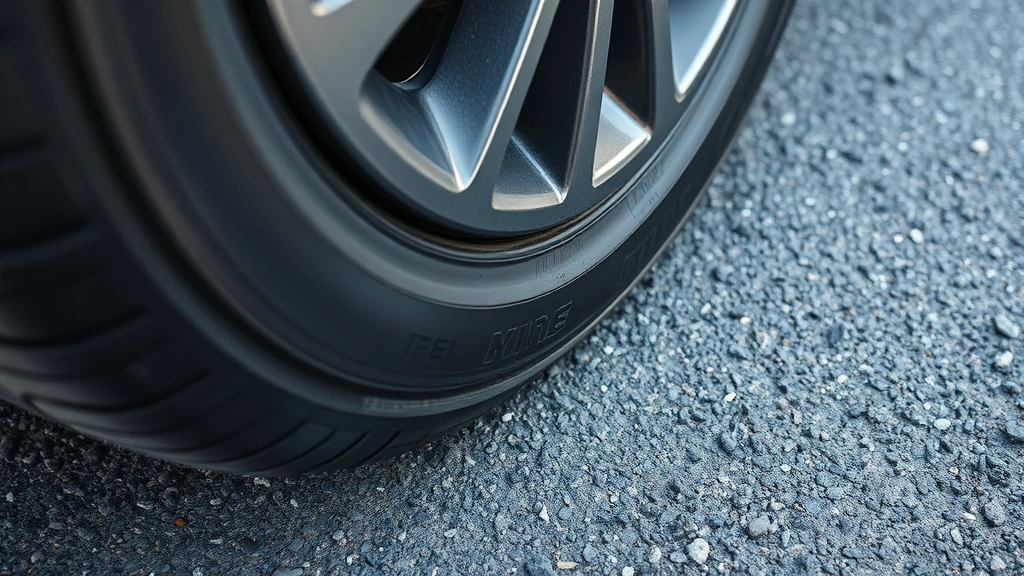 Close-up of car tire on asphalt with proper tread depth visible, tire maintenance and pressure checking concept, professional automotive detail shot
