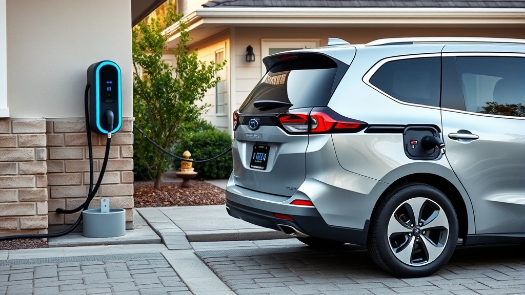 Hybrid electric minivan charging station interaction, car plugged into modern home charger, sustainable transportation technology, residential driveway charging setup