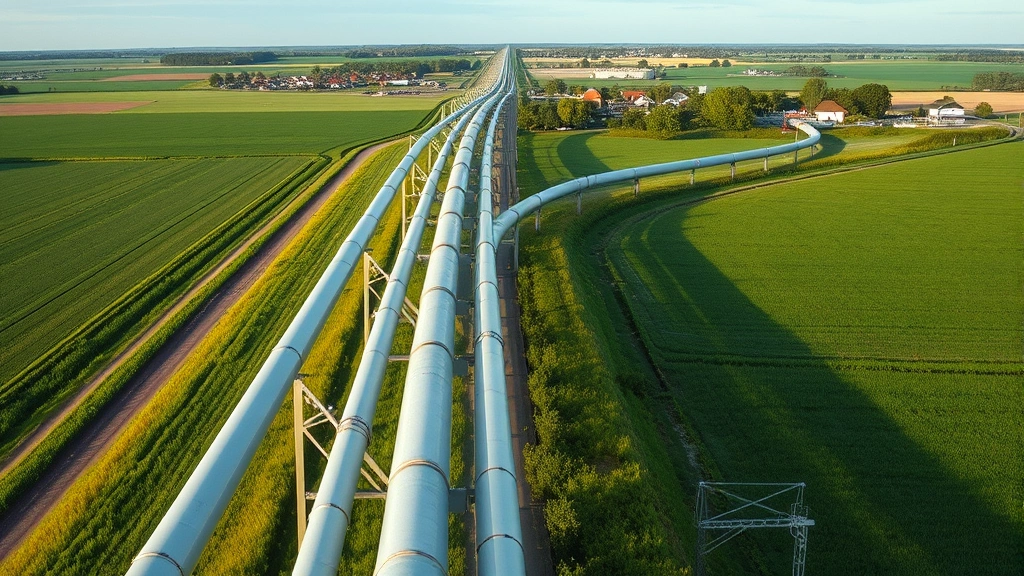 Aerial view of natural gas distribution pipeline infrastructure running through rural Indiana landscape with green fields, showing modern pipeline systems and rural community in background, photorealistic, daytime lighting
