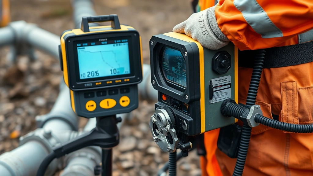 Close-up of advanced methane detection equipment and leak repair technology being used by utility workers on natural gas infrastructure, showing modern environmental monitoring tools, photorealistic, professional setting