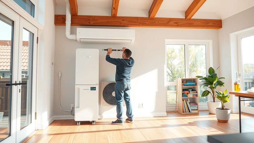 Modern heat pump HVAC system installation in residential home during energy efficiency upgrade, showing technician installing renewable heating technology, contemporary home interior, photorealistic, bright natural lighting